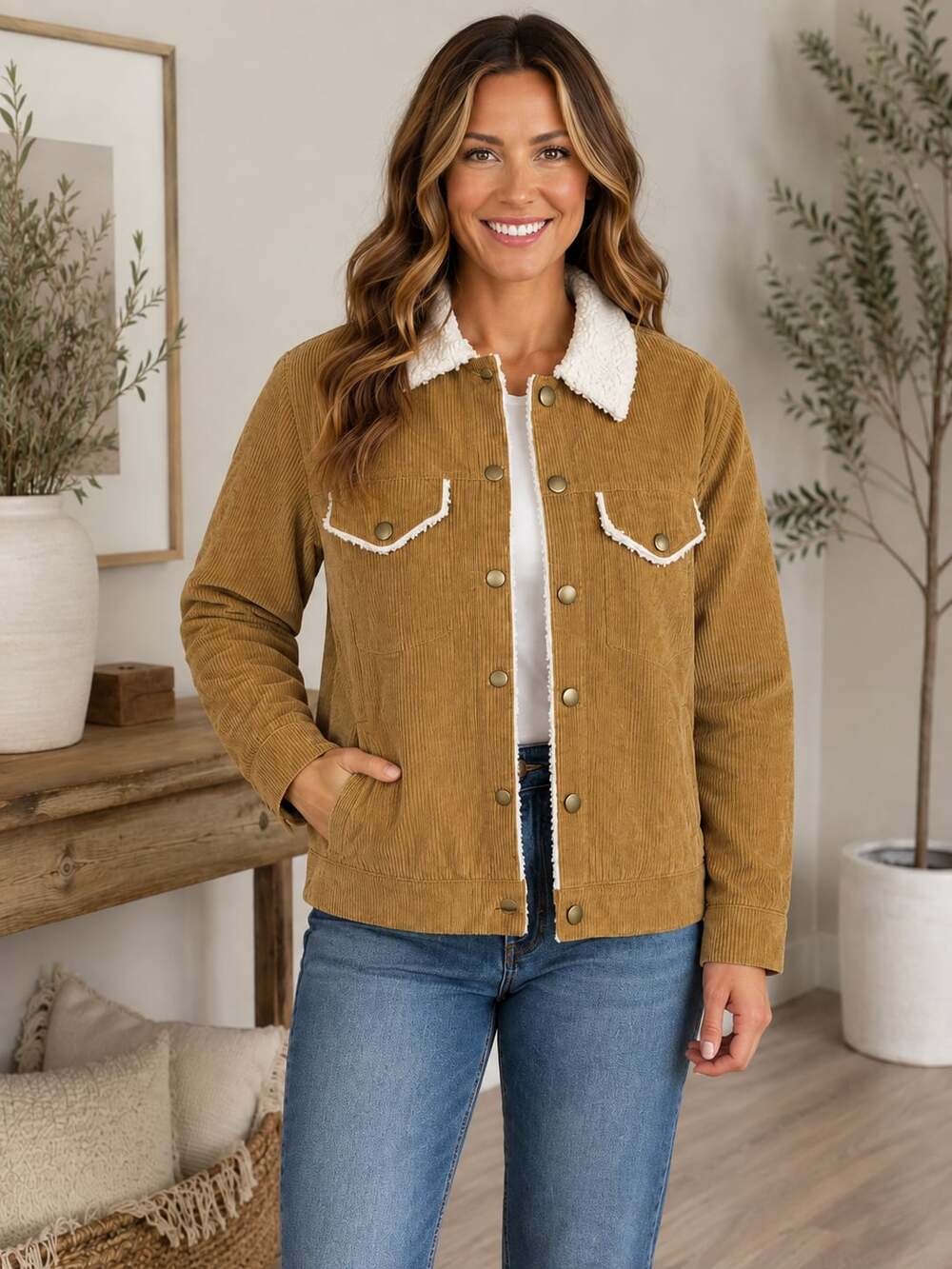 Hem & Thread Caramel Corduroy Sherpa Lined Trucker Jacket Size Small